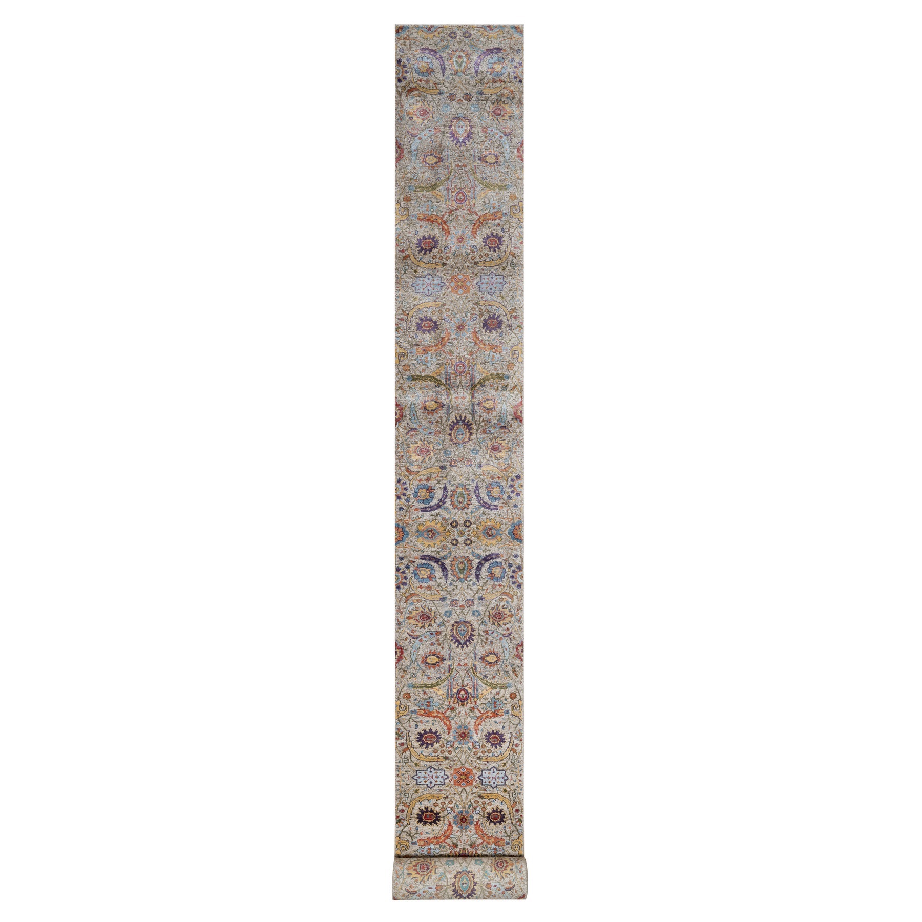 2'5"x26' Ivory and Brown, Colorful Sickle Leaf Design, Hand Knotted, Silk with Textured Wool, XL Runner, Oriental Rug 